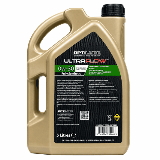 A 5-liter plastic bottle of OptiLube UltraFlow 0w-30 Fully Synthetic motor oil, featuring a metallic gold container, a black cap, and a black label with green and white text.