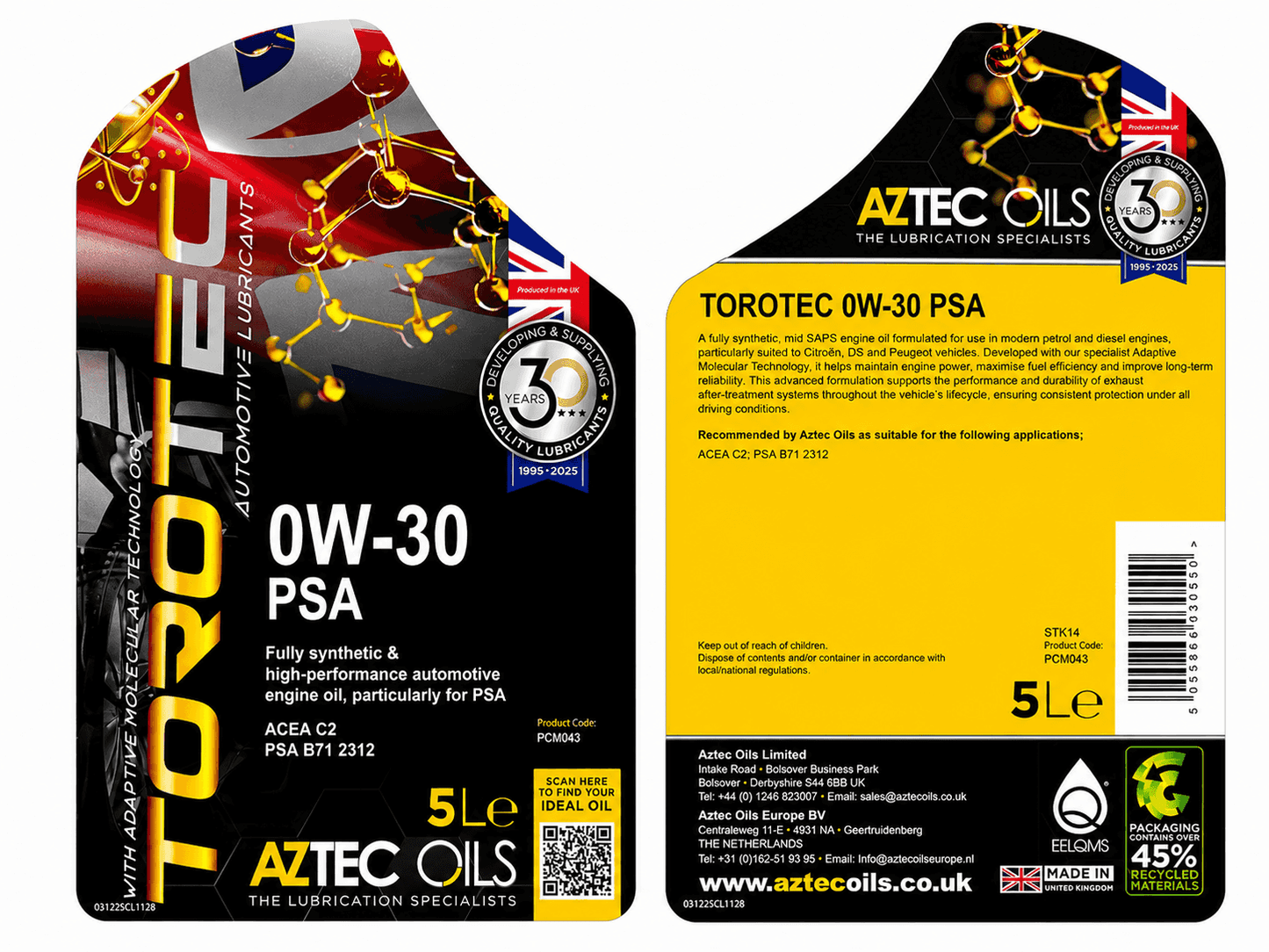 Torotec 0W30 PSA Mid SAPS Synthetic Engine Oil 5 Litre - Peugeot Citroen DS