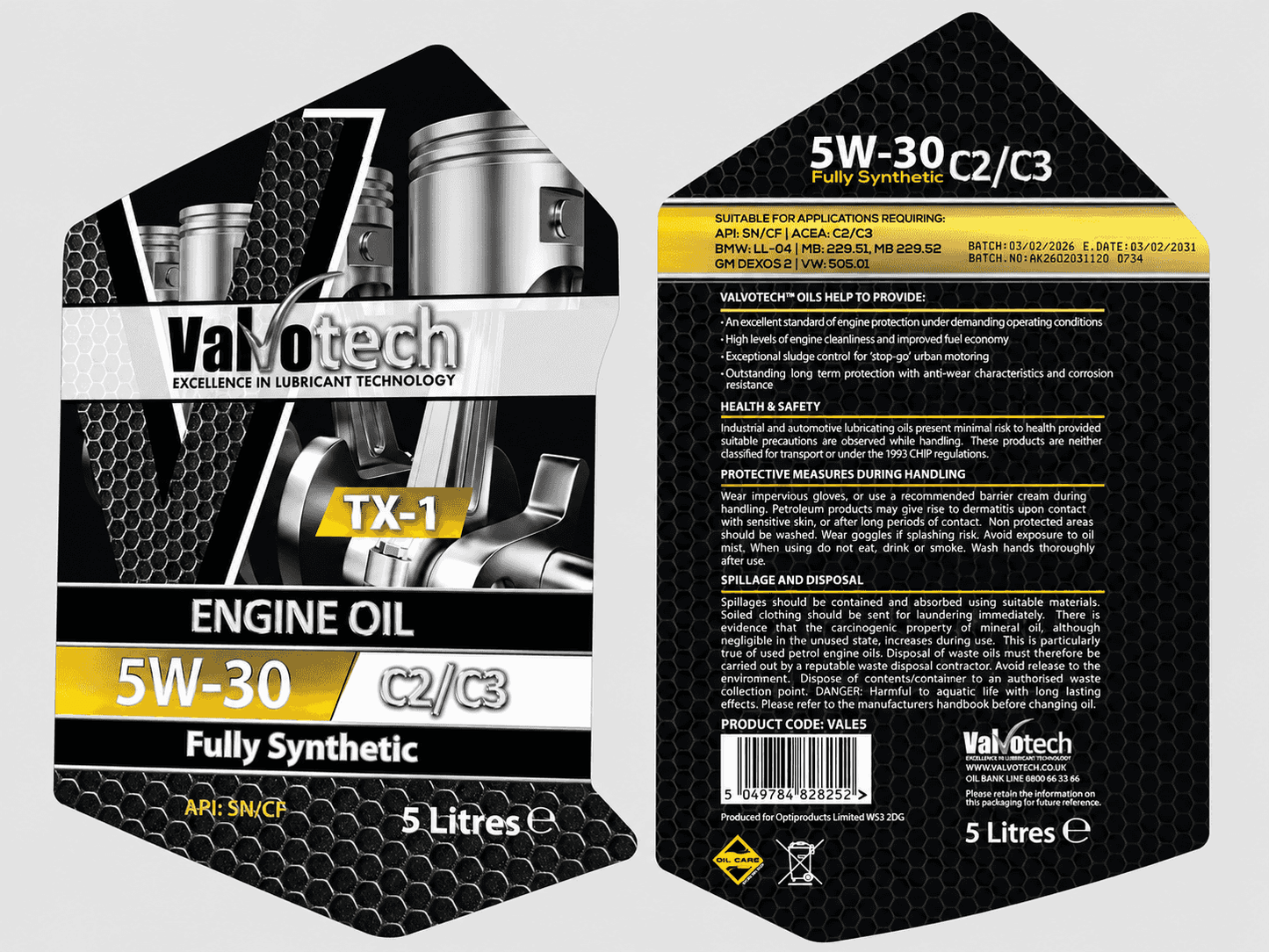 Valvotech TX-1 5W-30 C2/C3 Fully Synthetic Engine Oil 5L - ACEA C2 C3 API SN/CF