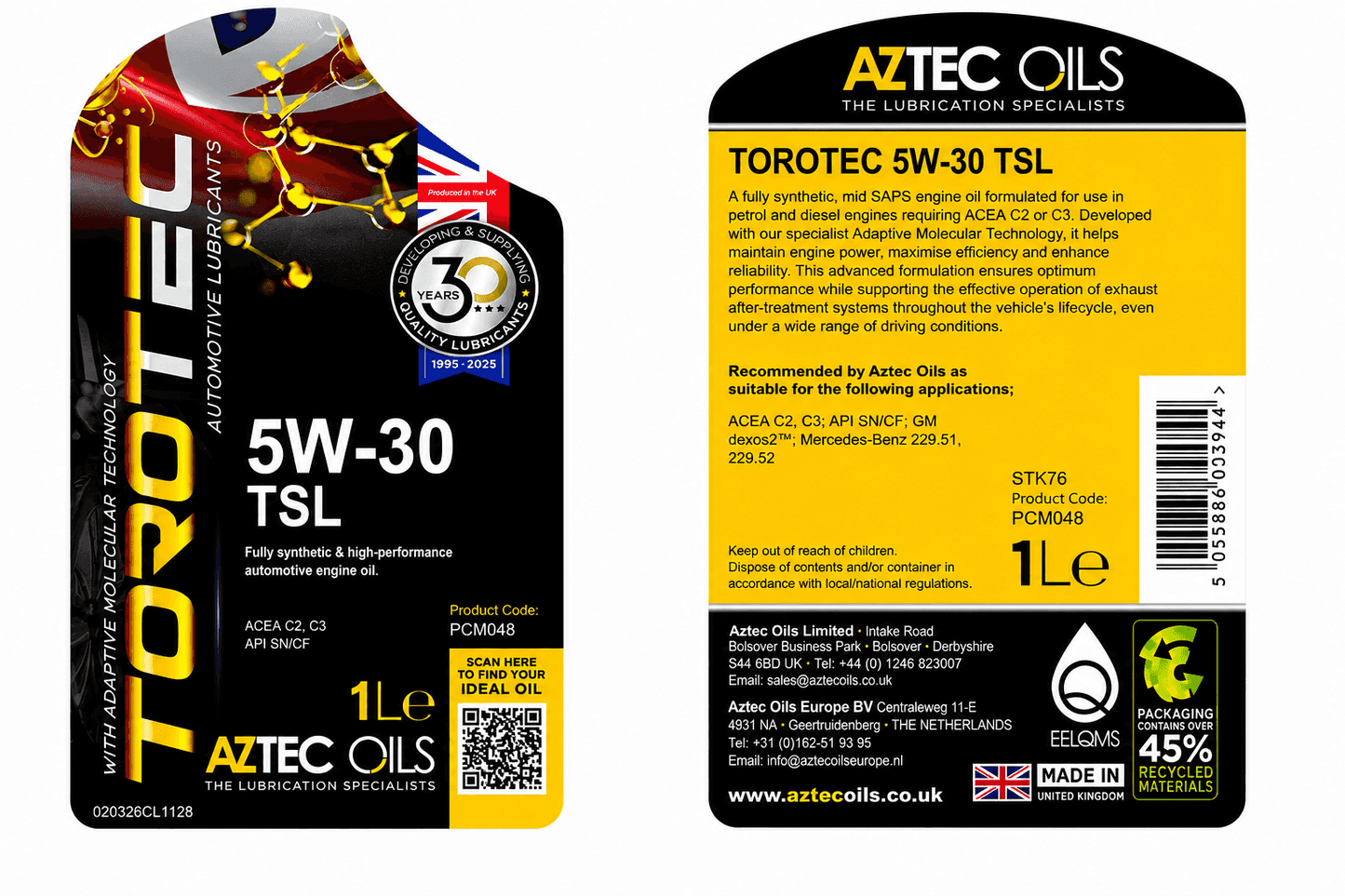 Torotec 5W-30 TSL Fully Synthetic Engine Oil 1L - ACEA C2 C3 dexos2