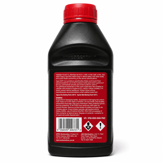 A black plastic bottle of APC Automotive ATF 9000 All-Temperature Power Shift Transmission Fluid, shown from the back to display the red warning label and barcode.