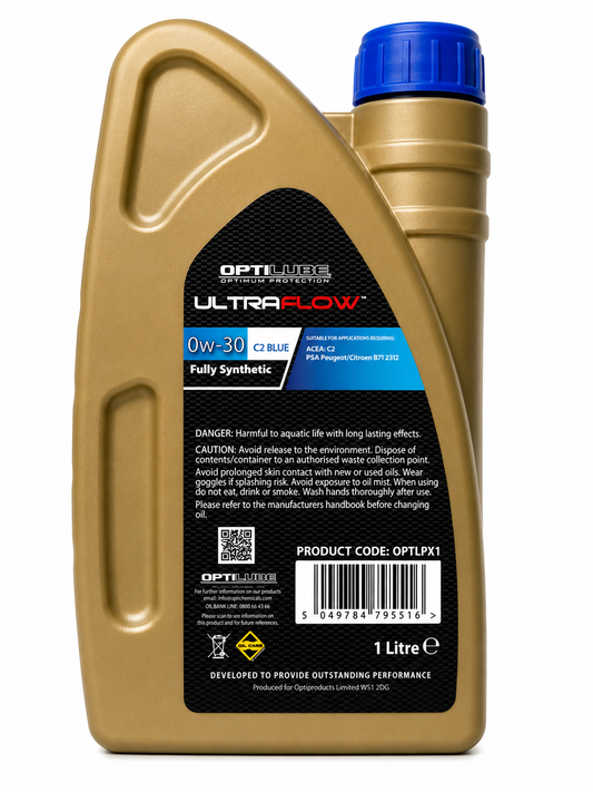A 1 litre bottle of OptiLube UltraFlow fully synthetic motor oil, model 0W-30, in a metallic gold container with a blue cap, shown against a plain white background.