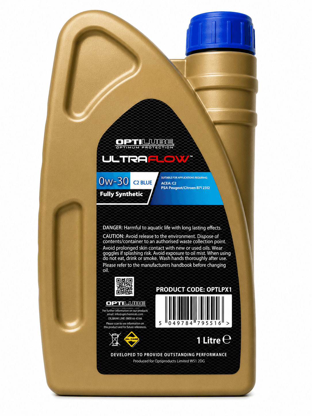 Optilube Ultraflow 0W - 30 C2 Blue Fully Synthetic Engine Oil 1L PSA B71 2312 | GTM - 0w30 c2 Fully Synthetic - Optilube