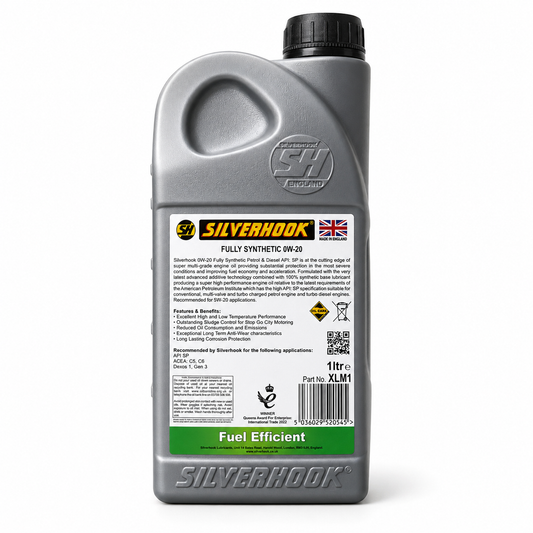 A 1-liter bottle of Silverhook Fully Synthetic 0W-20 oil, featuring a metallic silver-gray plastic body, a black cap, and a detailed white label with green and yellow accents.