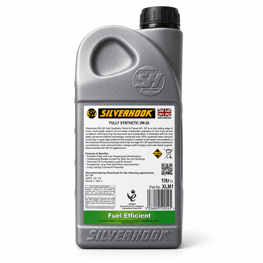 A 1-liter bottle of Silverhook Fully Synthetic 0W-20 oil, featuring a metallic silver-gray plastic body, a black cap, and a detailed white label with green and yellow accents.