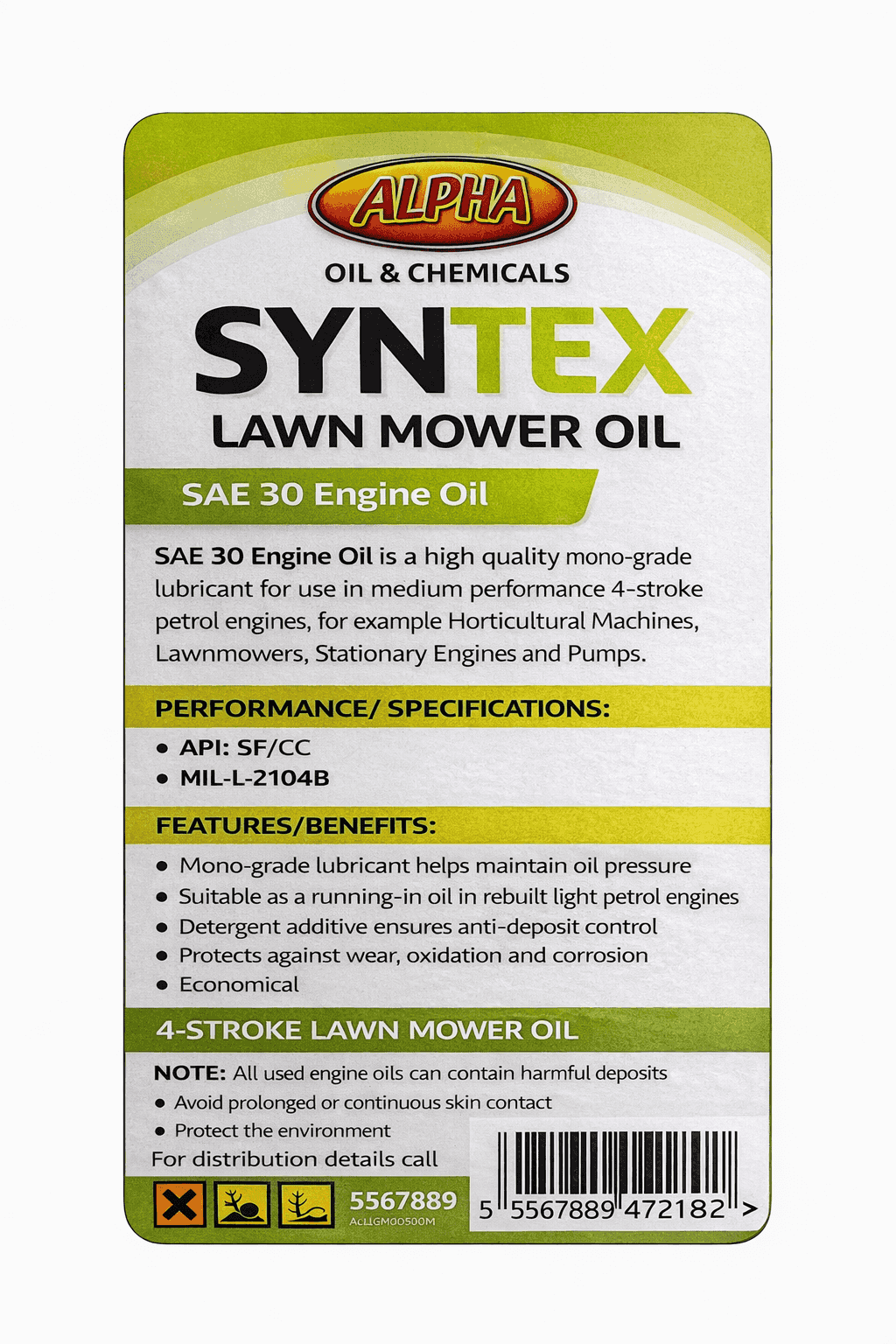 Alpha Syntex Lawn Mower Oil SAE 30 4-Stroke Engine Oil 500ml – Small Engine & Garden Machinery Oil