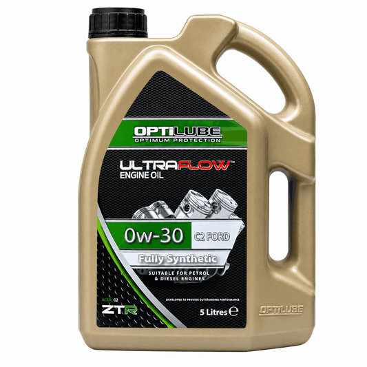 A 5-liter plastic bottle of OptiLube UltraFlow 0w-30 engine oil for CZ Ford diesel engines, shown on a plain white background.