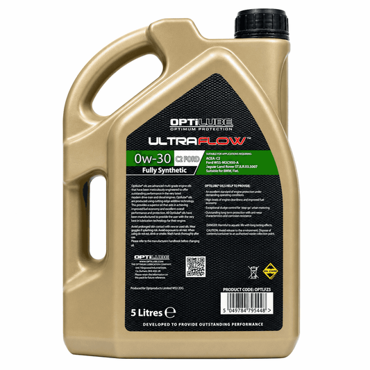 A 5-liter plastic bottle of OptiLube UltraFlow 0w-30 Fully Synthetic motor oil, featuring a metallic gold container, a black cap, and a black label with green and white text.