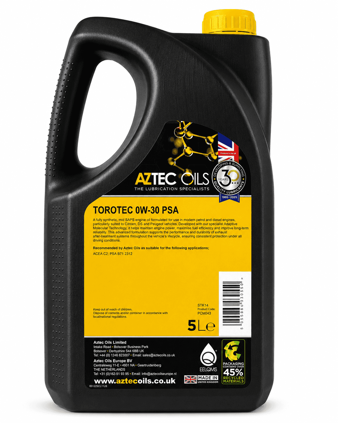 Torotec 0W30 PSA Mid SAPS Synthetic Engine Oil 5 Litre - Peugeot Citroen DS