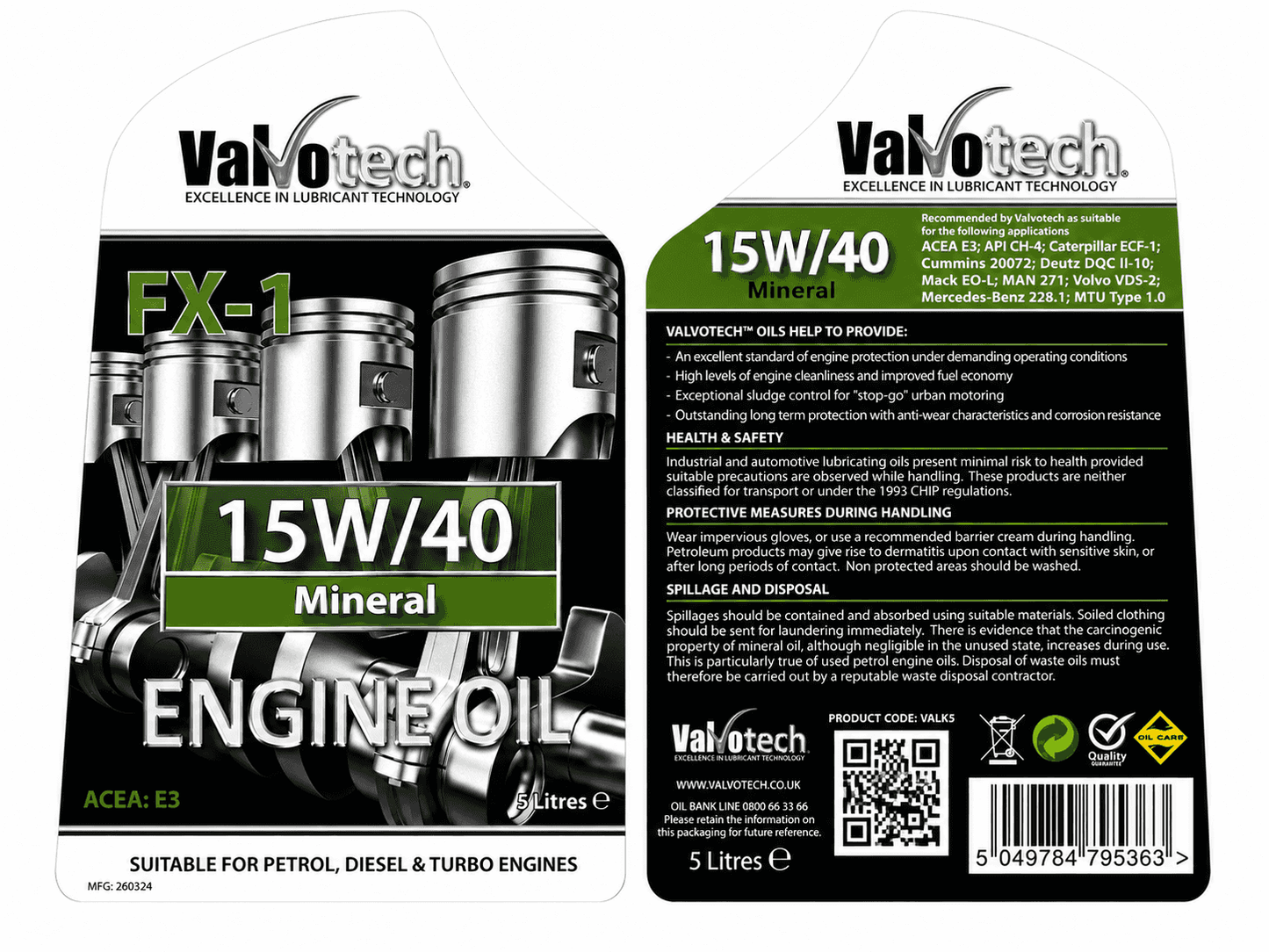 Valvotech FX-1 15W-40 ACEA E3 Mineral Engine Oil 5L - API CH-4 MB 228.1