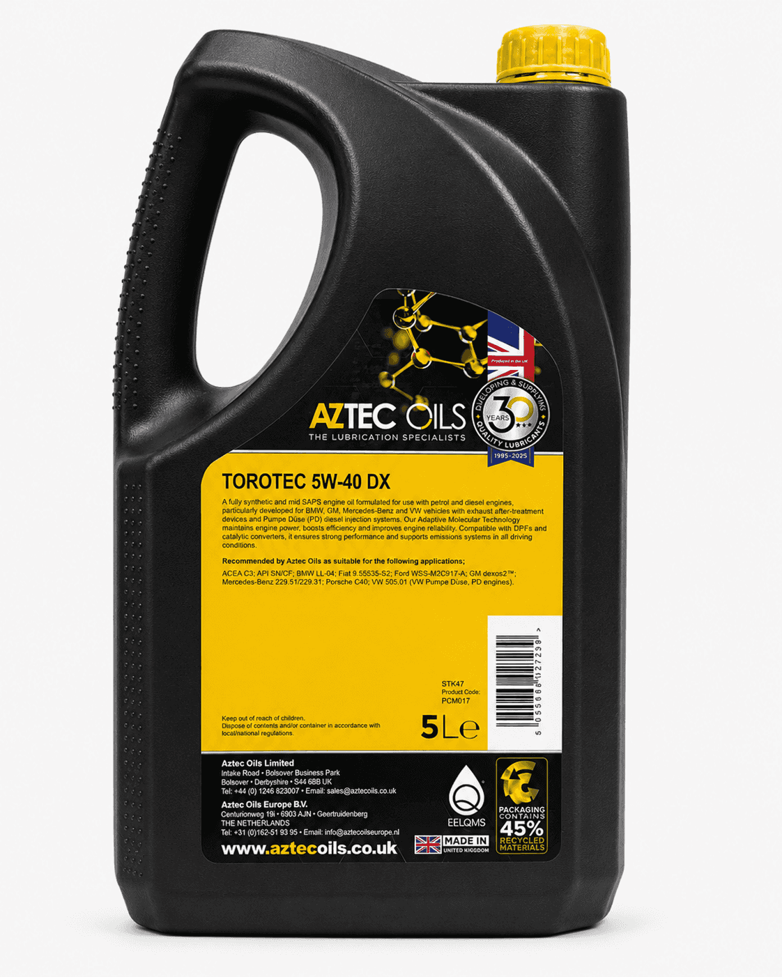 Torotec 5W-40 DX Fully Synthetic Engine Oil 5L - ACEA C3 dexos2 BMW LL-04