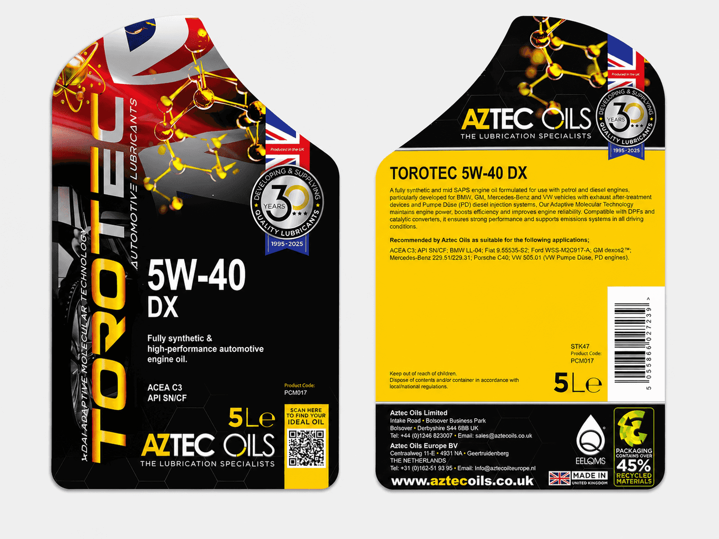 Torotec 5W-40 DX Fully Synthetic Engine Oil 5L - ACEA C3 dexos2 BMW LL-04