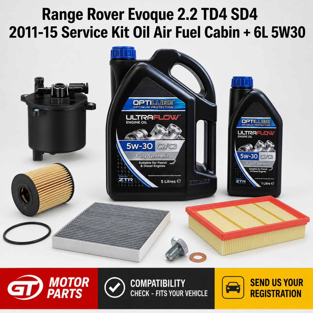 Range Rover Evoque 2.2 TD4/SD4 (2011-2015) Full Service Kit - Oil, Air, Fuel & Cabin Filter + 6L 5W30 | GTM