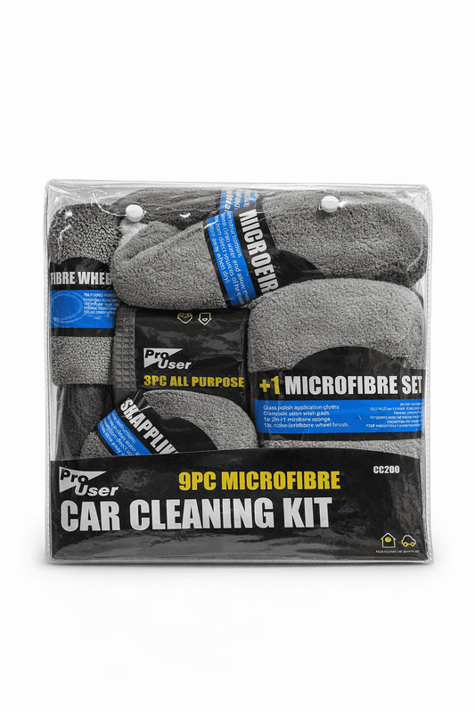 Pro User 9pc Microfibre Car Cleaning Kit – Car Wash & Detailing Kit with Mitt, Cloths, Sponge & Wheel Brush