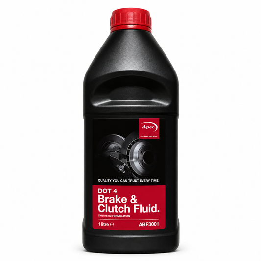 A 1 liter black plastic bottle of APEC DOT 4 Brake & Clutch Fluid with a red cap and a red and black label, shown on a white background.