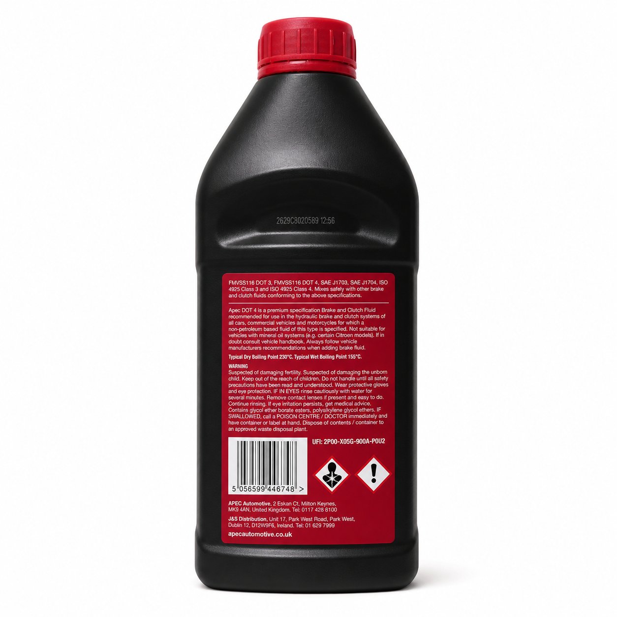 A 1 liter black plastic bottle of APEC DOT 4 Brake & Clutch Fluid with a red cap and a red and black label, shown on a white background.