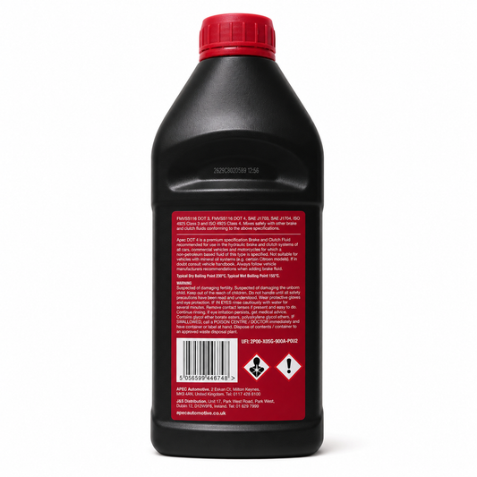 A 1 liter black plastic bottle of APEC DOT 4 Brake & Clutch Fluid with a red cap and a red and black label, shown on a white background.