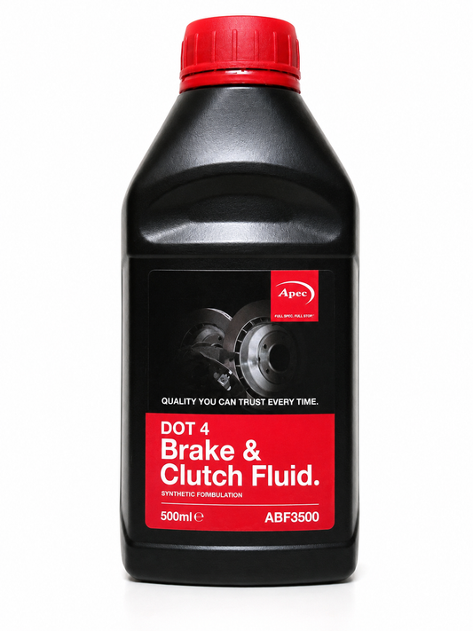 A 500ml bottle of Apex DOT 4 Brake & Clutch Fluid, featuring a black plastic container with a red cap and a black and red label.