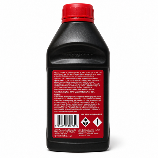 A black plastic bottle of APC Automotive ATF 9000 All-Temperature Power Shift Transmission Fluid, shown from the back to display the red warning label and barcode.