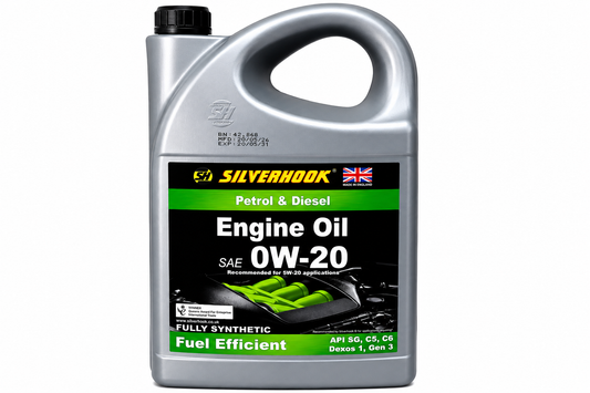 A silver plastic bottle of Silverhook Engine Oil 0W-20 SAE, designed for petrol and diesel engines, featuring a black cap and a green and black label.