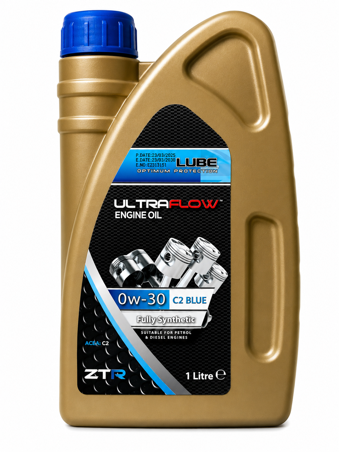 A 1 litre bottle of ZTR UltraFlow Engine Oil 0W-30 C2 Blue, featuring a metallic gold container with a blue cap and a black and blue label.