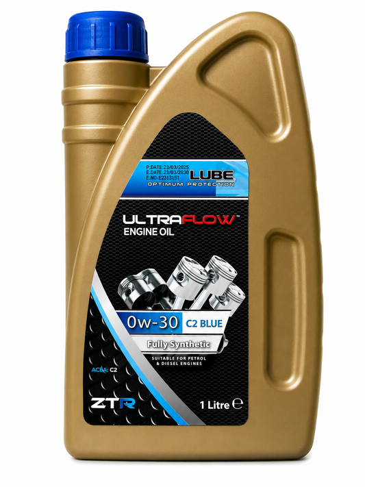 A 1 litre bottle of ZTR UltraFlow Engine Oil 0W-30 C2 Blue, featuring a metallic gold container with a blue cap and a black and blue label.