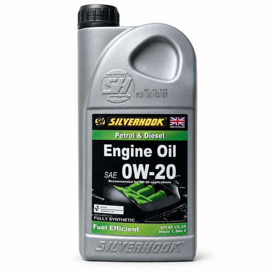 A bottle of Silverhook Petrol & Diesel Engine Oil 0W-20 SAE, fully synthetic, in a metallic silver plastic container with a black cap and a black, green, and white label.