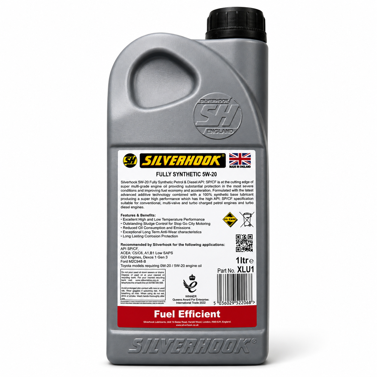 A 1-liter bottle of Silverhook Fully Synthetic SN-VD fuel-efficient engine oil, featuring a metallic gray plastic container with a black cap and a detailed white label.