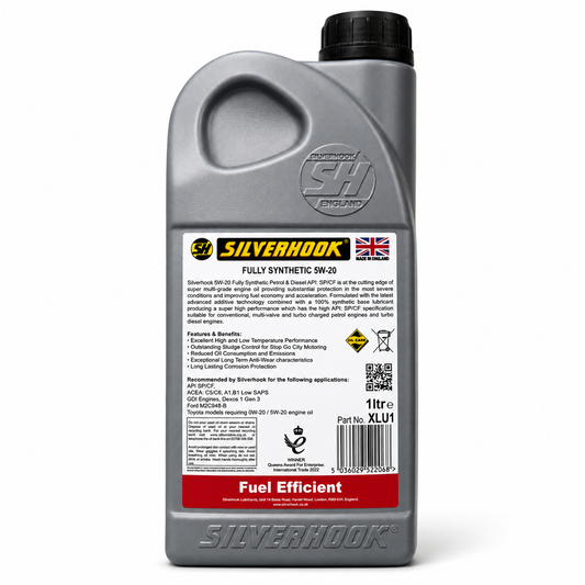 A 1-liter bottle of Silverhook Fully Synthetic SN-VD fuel-efficient engine oil, featuring a metallic gray plastic container with a black cap and a detailed white label.