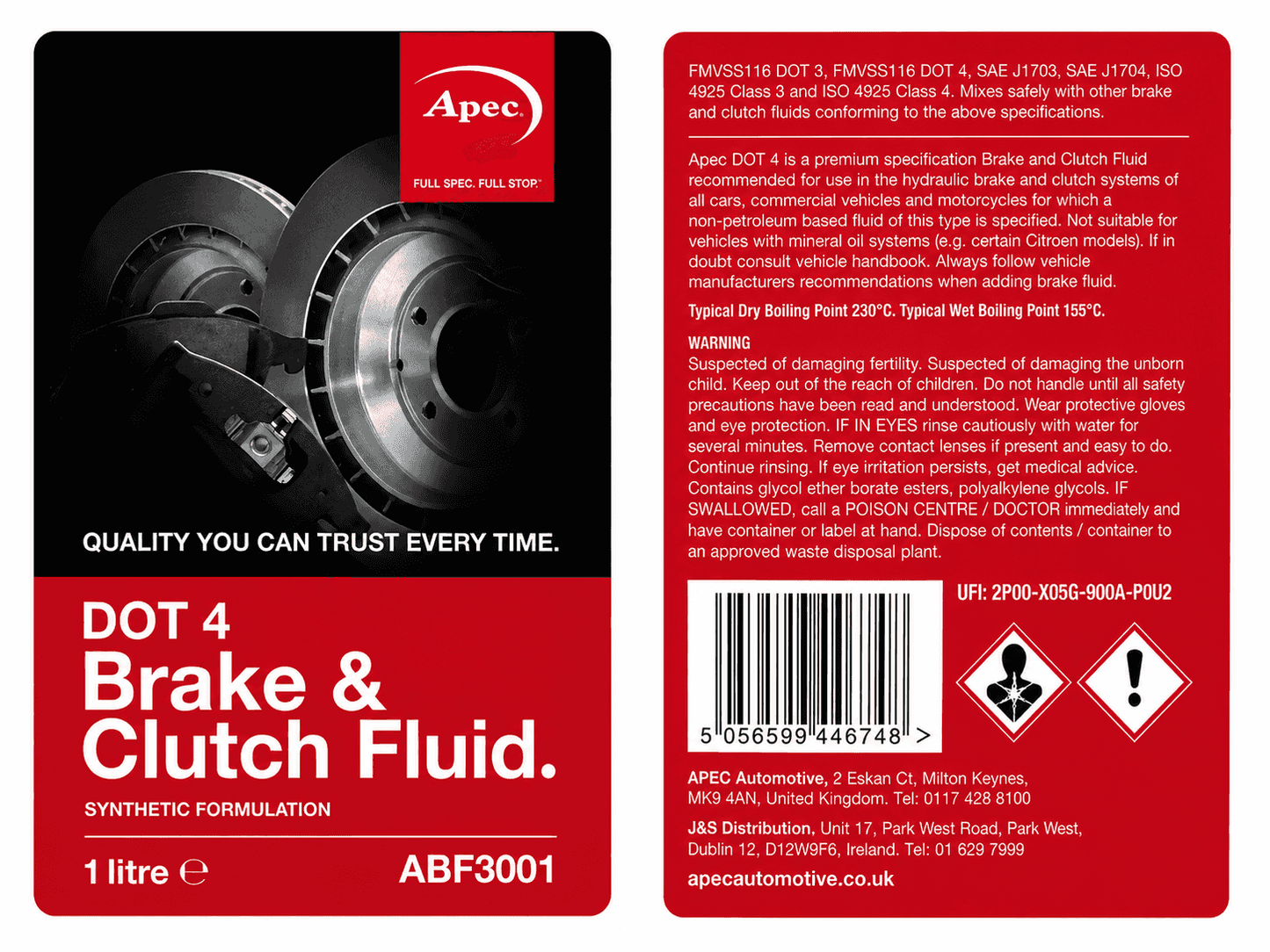 Apec DOT 4 Brake & Clutch Fluid 1L - High Performance Hydraulic Brake Fluid