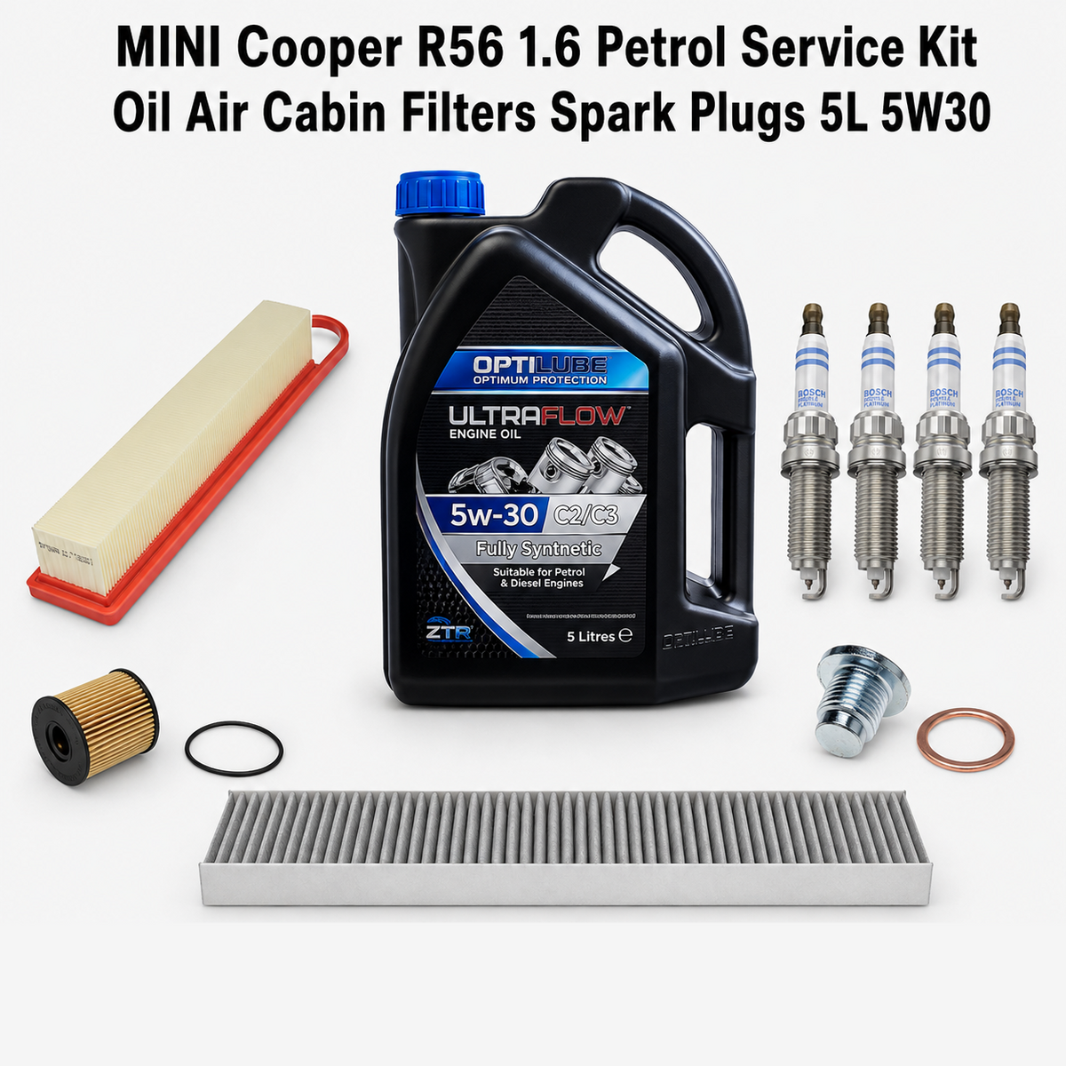 MINI Cooper R56 1.6 Petrol (2006-2014) Service Kit - Oil, Air & Cabin Filter, Spark Plugs + 5L 5W30 | GTM