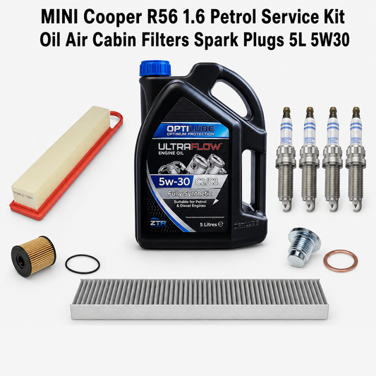 MINI Cooper R56 1.6 Petrol (2006-2014) Service Kit - Oil, Air & Cabin Filter, Spark Plugs + 5L 5W30 | GTM