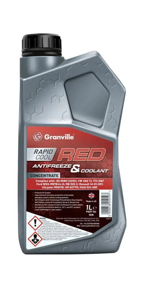 GRANVILLE Rapid Cool Red Antifreeze & Coolant - 1L Advanced Engine Protection with OAT Technology