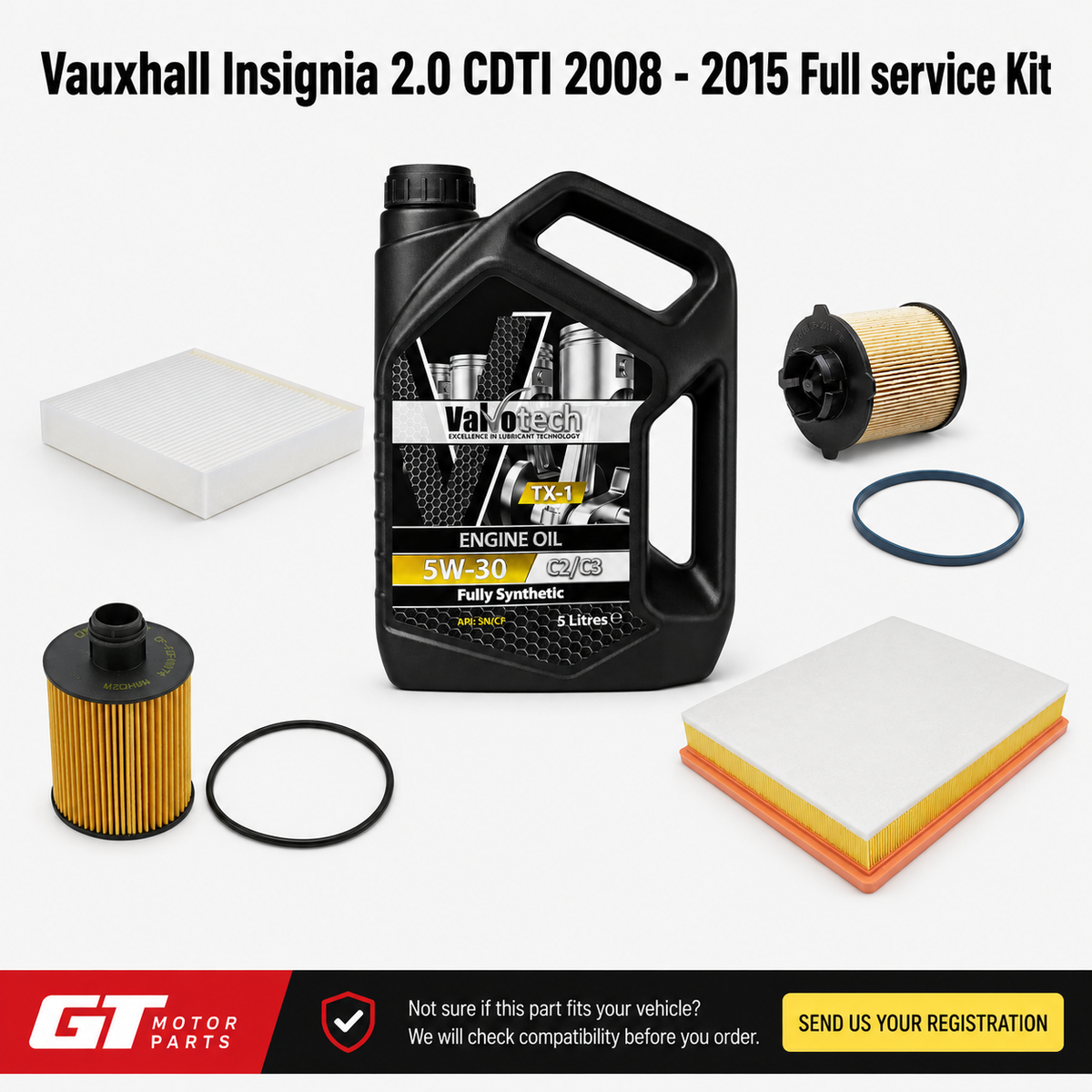 Vauxhall Insignia 2.0 CDTI (2008-2015) Full Service Kit - Oil, Air, Cabin & Fuel Filter + 5L 5W30 | GTM