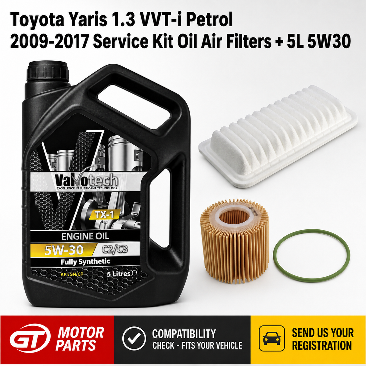 Toyota Yaris 1.3 Petrol (2009-2017) Oil & Air Filter Service Kit + 5L 5W30 | GTM