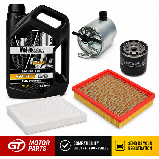Nissan Qashqai+2 1.5 dCi (2009-2013) Full Service Kit - Oil, Air, Cabin & Fuel Filter 5L Engine Oil | GTM