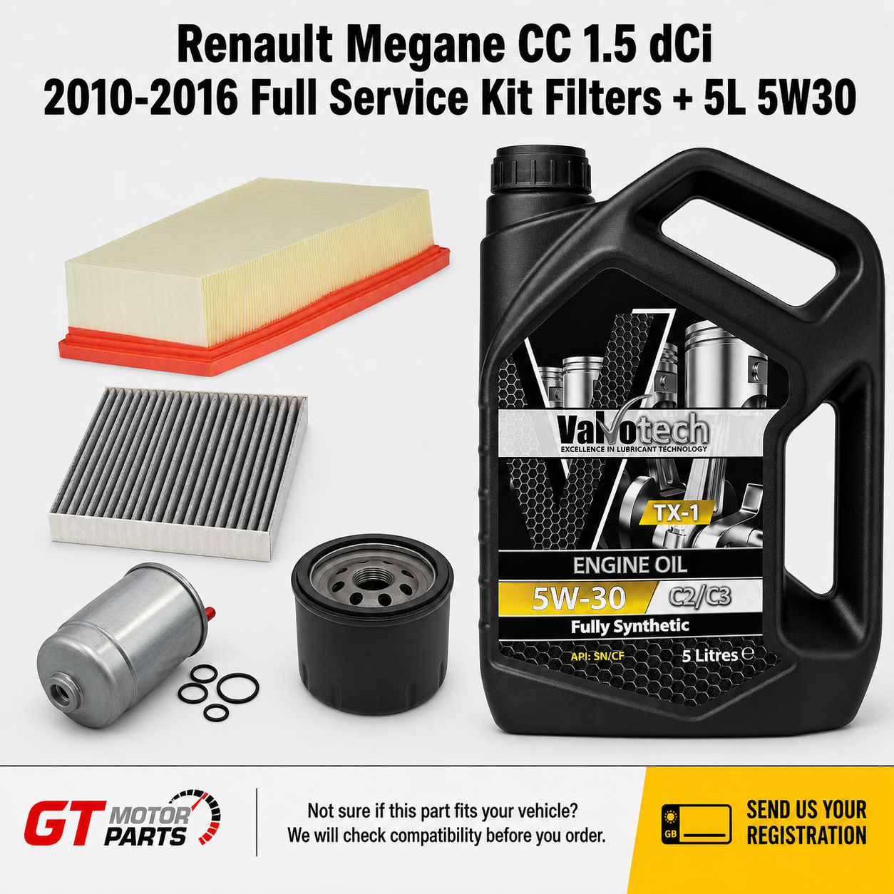 Renault Megane CC 1.5/1.6/1.9/2.0 dCi (2010-2016) Full Service Kit - Oil, Air, Cabin & Fuel Filter + 5W30 5L | GTM