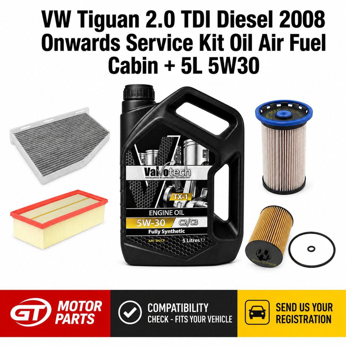 VW Tiguan 2.0 TDI 4Motion (2008-2018) Full Service Kit - Oil, Air, Fuel & Cabin Filter + 5L 5W30 | GTM
