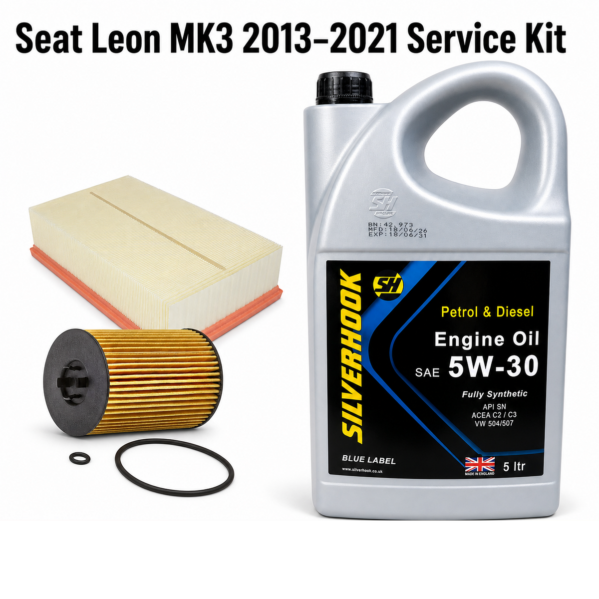SEAT Leon 5F 1.6/2.0 TDI (2013-2021) Oil & Air Filter Service Kit + 5L 5W30 | GTM