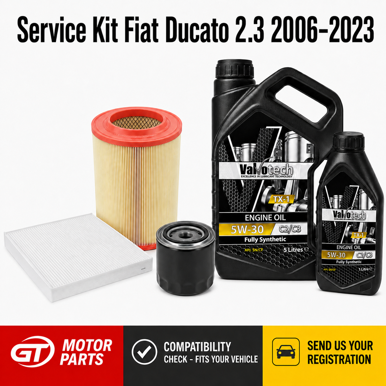 Fiat Ducato 2.3 Multijet 120/130/140 (2006-2023) Full Service Kit - Oil, Air & Cabin Filter + 6L 5W30 | GTM