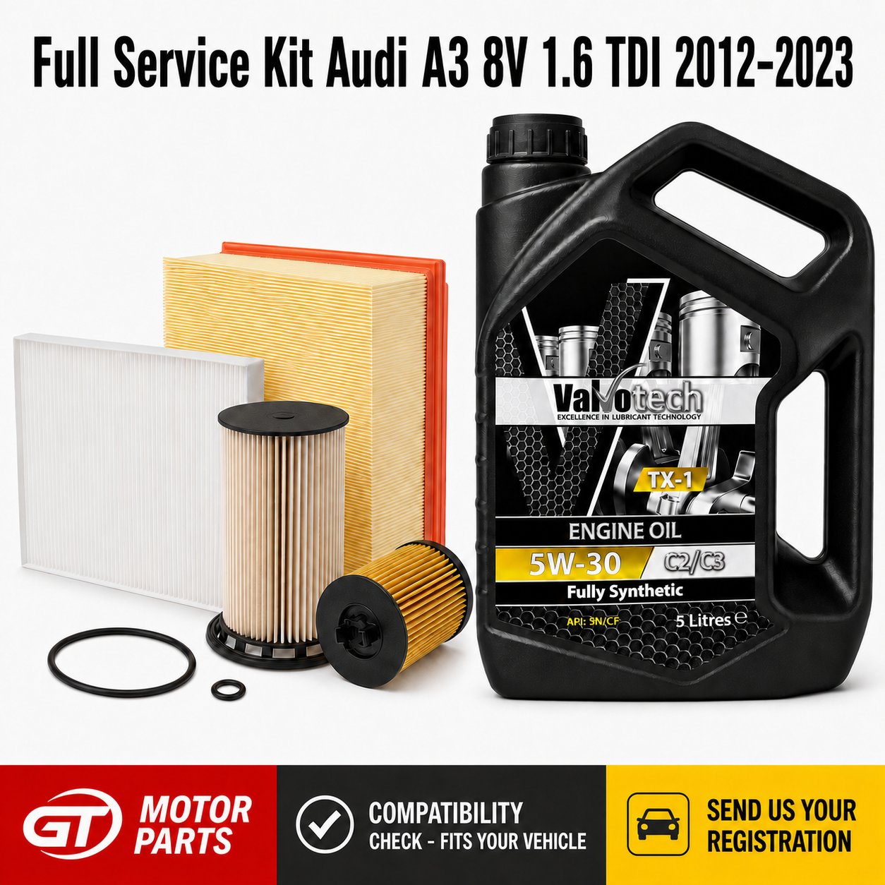 Audi A3 8V 1.6/2.0 TDI (2012-2023) Full Service Kit - Oil, Air, Fuel & Cabin Filter + 5L 5W30 | GTM