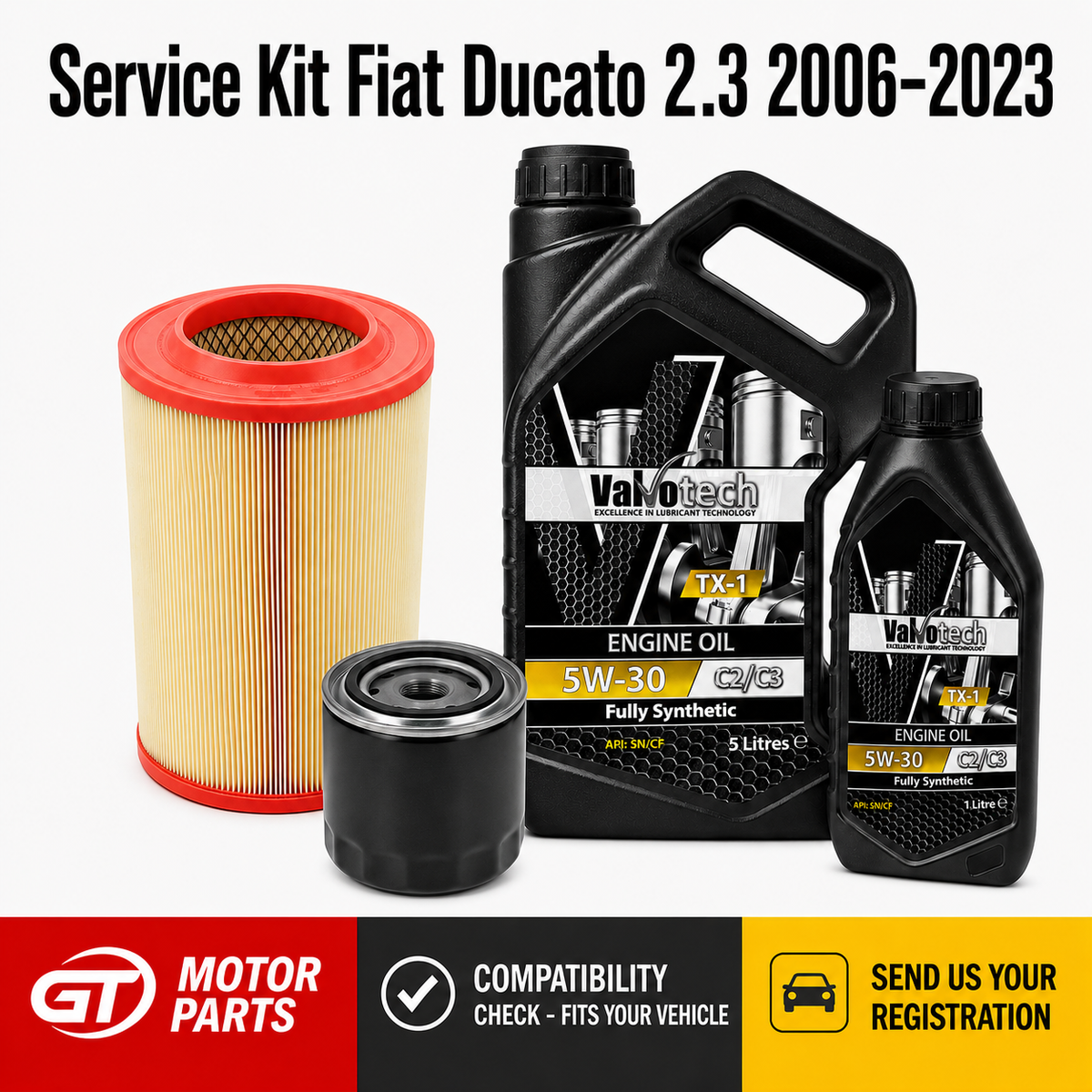 Fiat Ducato 2.3 Multijet 120/130/140 (2006-2023) Oil & Air Filter Service Kit + 6L 5W30 | GTM